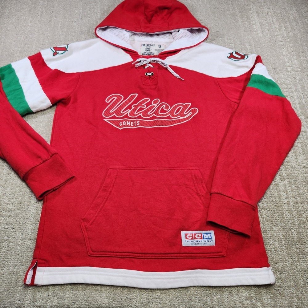 CCM Utica Comets AHL Hockey Lacer Hoodie Men Small Lace Up Red Fleece Pro Ok'D